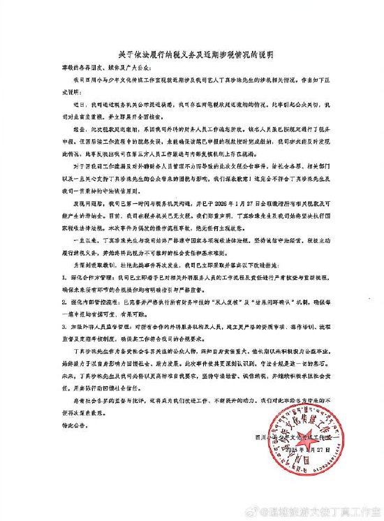 欠税3.4万被公告，丁真工作室回应