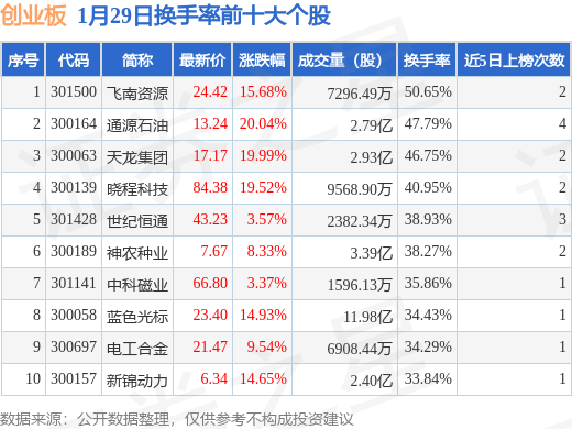 1月29日创业板换手率前十大个股，飞南资源居首
