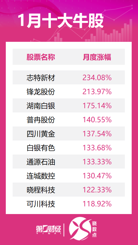 1月十大牛股出炉：志特新材逾234%涨幅问鼎榜首
