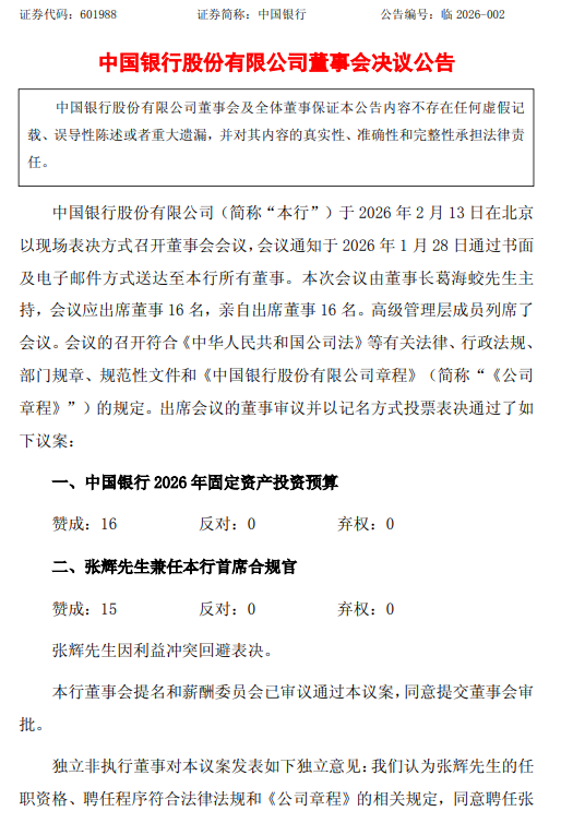 中国银行:聘任行长张辉兼任首席合规官