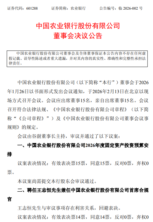 农业银行:聘任行长王志恒兼任首席合规官
