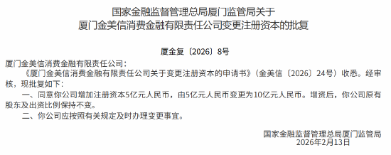 金美信消金获批增资至10亿元