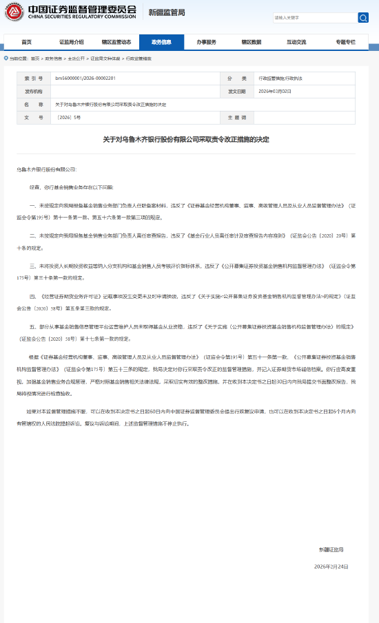 新疆证监局对乌鲁木齐银行采取责令改正措施:基金销售业务存在多项违规问题