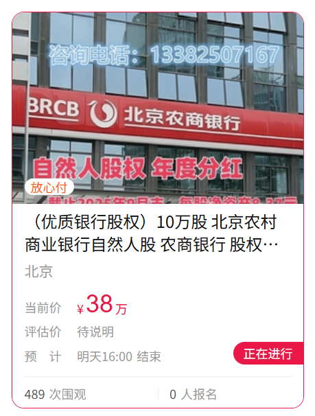 真实价值还是噱头?10万股北京农商行起拍价低至188元