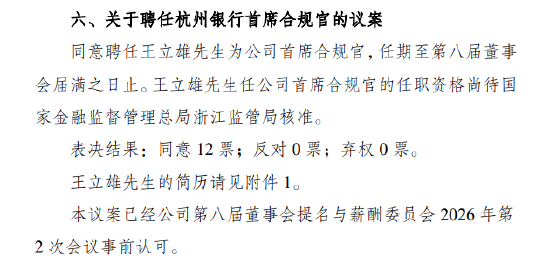 杭州银行:聘任副行长王立雄为首席合规官
