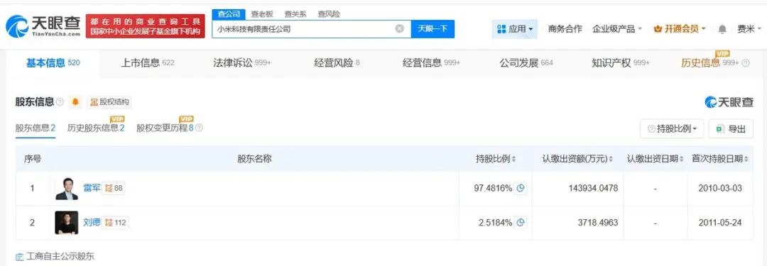 两位小米联合创始人退出小米科技!雷军持股比例增至97.48%