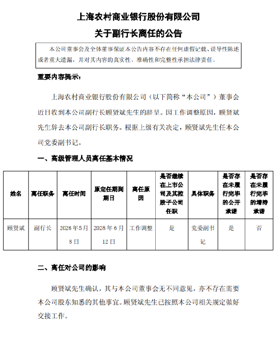 沪农商行：副行长顾贤斌因工作调整离任