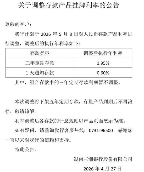 湖南三湘银行降息、下架5年期存款，去年营收净利润双降，个贷占比降至60%