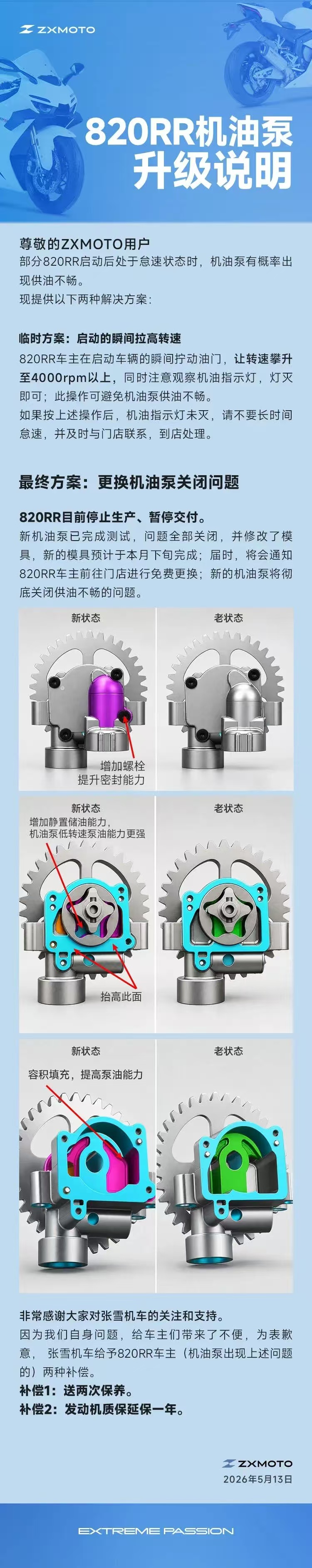张雪机车发声明：停止生产、暂停交付820RR，将升级机油泵