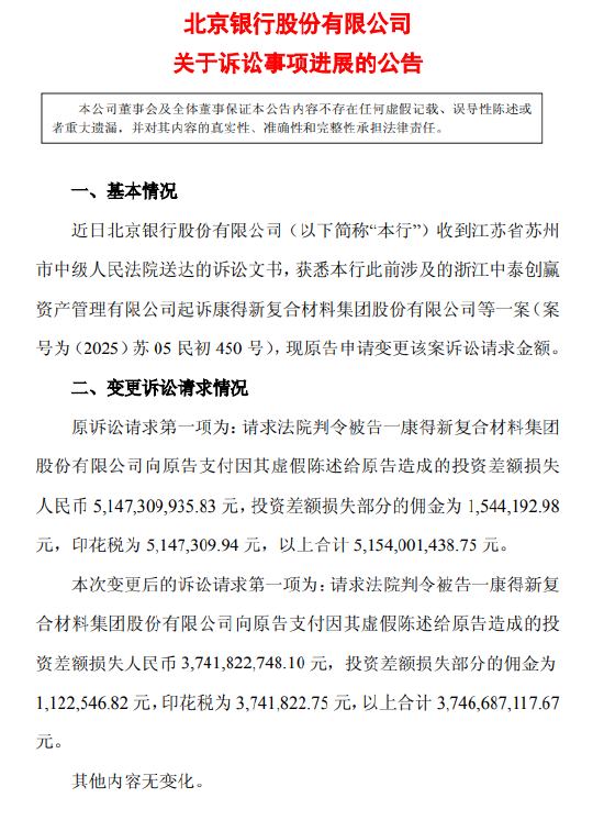 北京银行:涉康得新虚假陈述案原告减少诉讼请求约14亿元,变更后诉求金额约37.47亿元