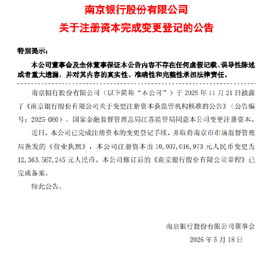 南京银行:注册资本完成变更登记,由约100.07亿元变更为约123.64亿元