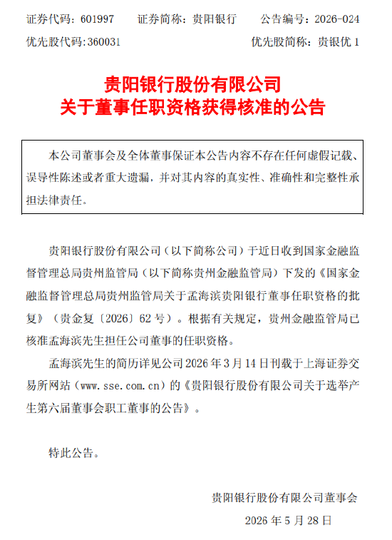 贵阳银行：董事孟海滨任职资格获核准