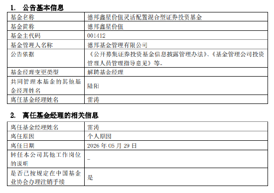 官宣!百亿基金经理雷涛挥别德邦:180亿资产交棒 接任者已就位