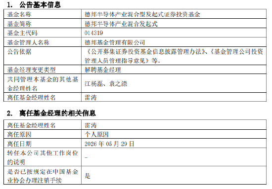 官宣!百亿基金经理雷涛挥别德邦:180亿资产交棒 接任者已就位